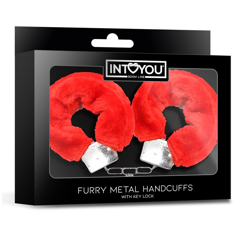 Furry Metal Hand Cuffs Red