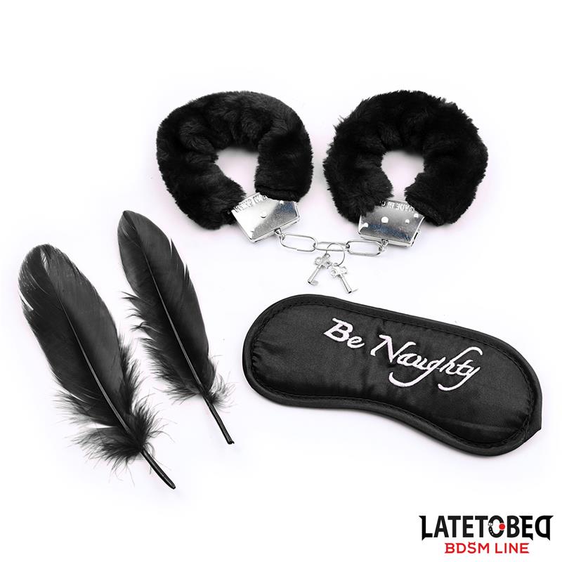 LATETOBED BDSM LINE Set de 3 Piezas Antifaz, Esposas y Plumas Negro
